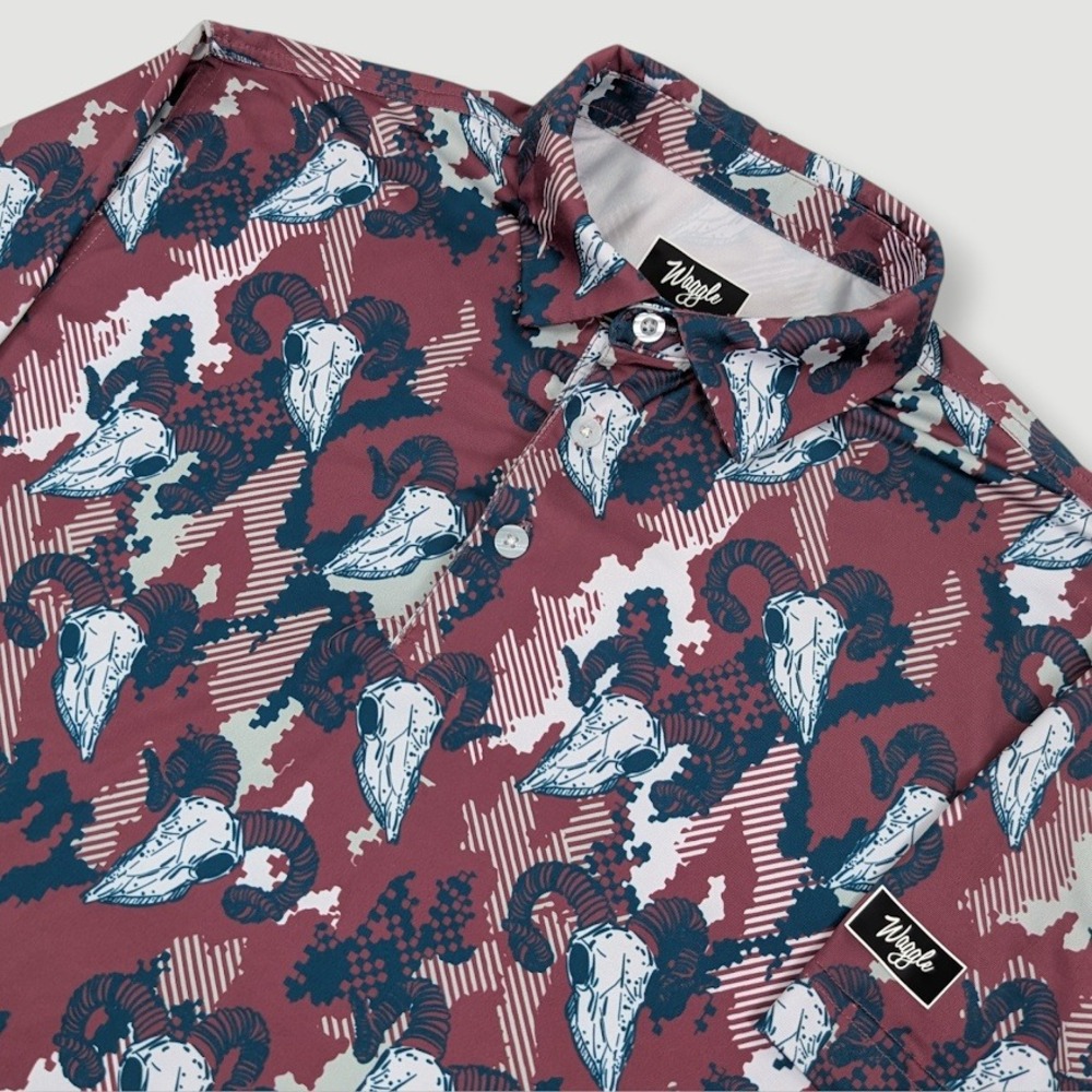 Waggle Big Horn Performance Golf Polo Shirt Men Large Maroon Skull Camo Print